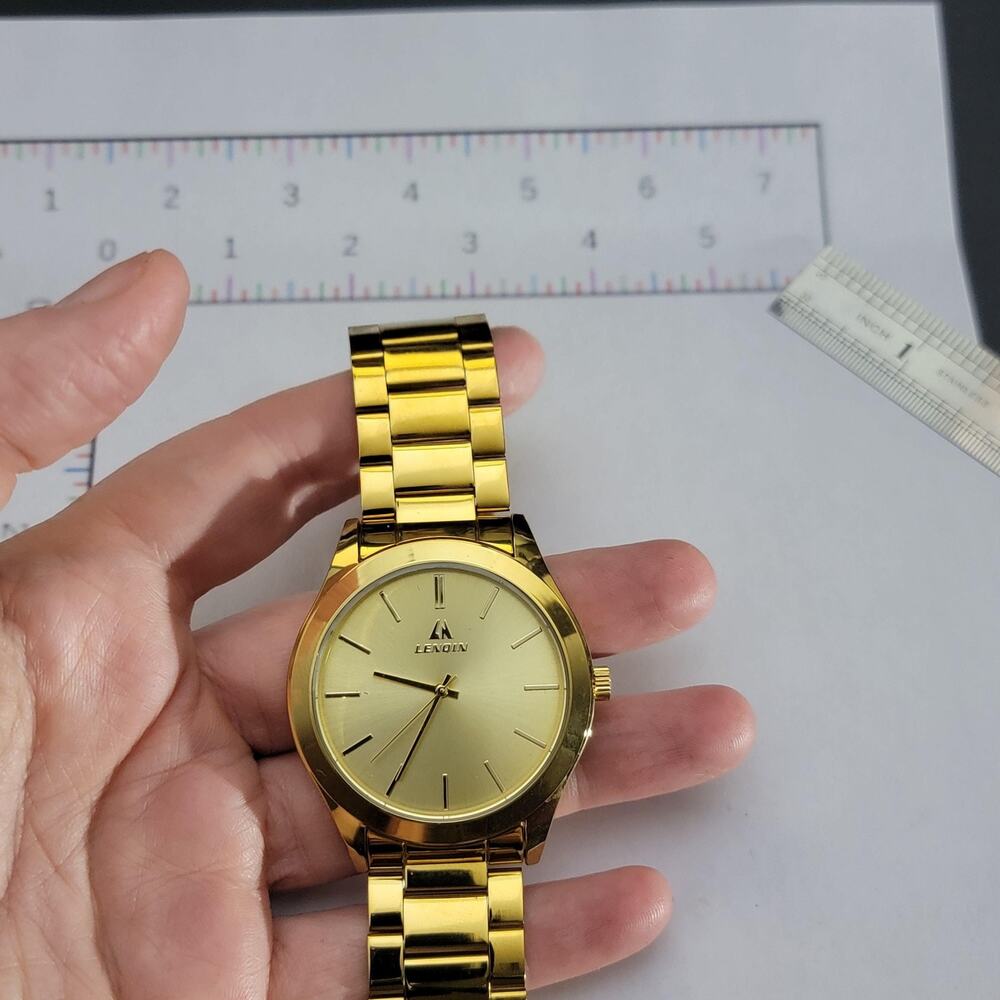 LENQIN Mens Watch 44mm Gold Case Gold Dial Stainless Steel Bracelet Quartz